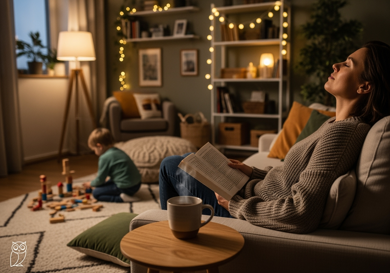 Parent winding down in cozy living room with child playing nearby